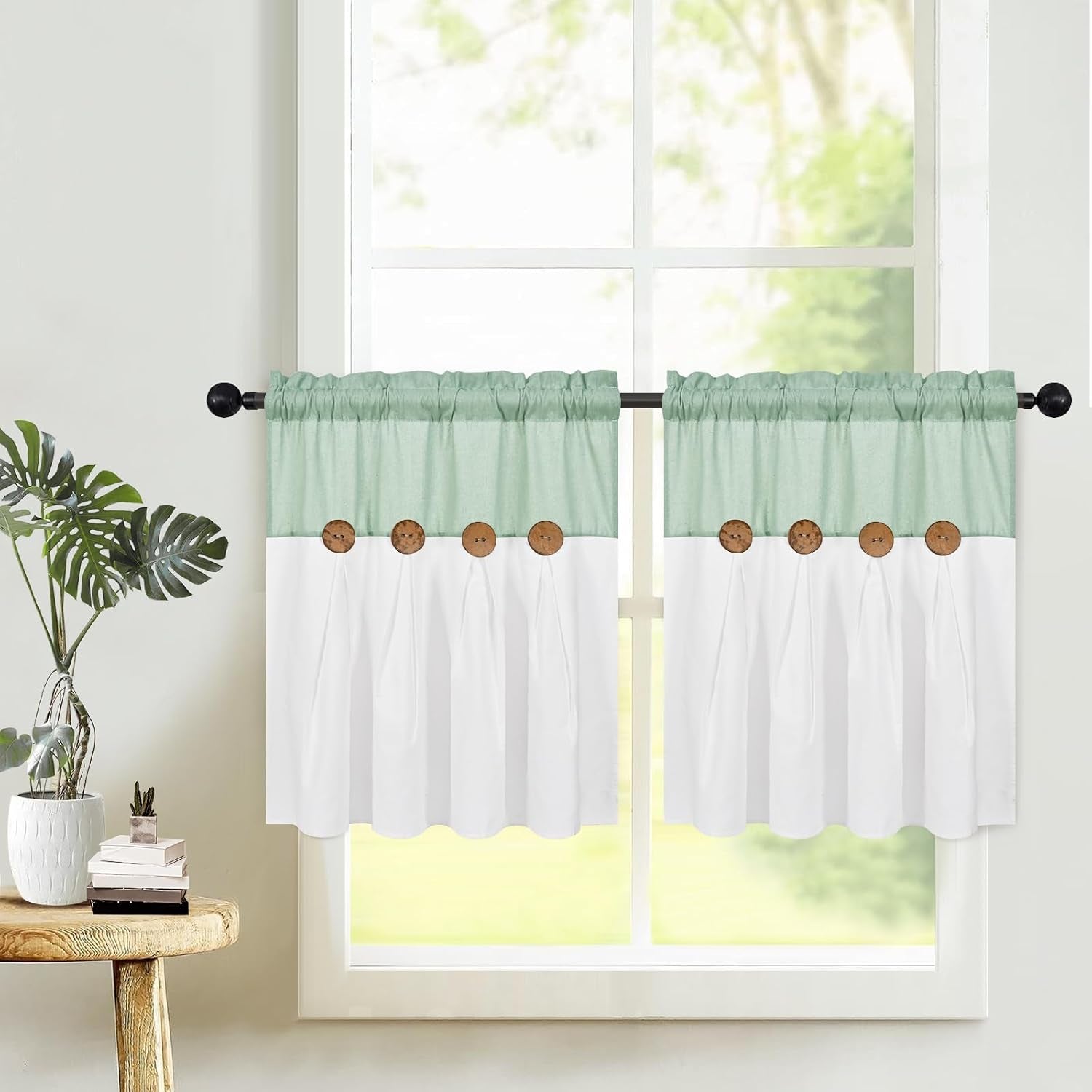 Boho Kitchen Curtains 24 Inch Length, Farmhouse Cotton Linen Tier Curtains, Rustic Button Short Curtains for Windows, Sage Green Country Cafe Curtains, Rod Pocket Small Window Curtains, 26X24