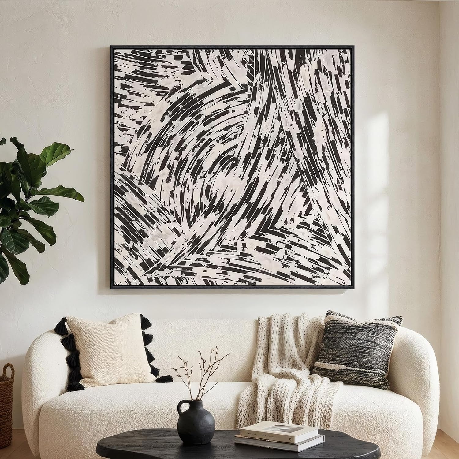 Large Framed Black and White Abstract Wall Art for Living Room, Big Square Modern Canvas Prints Paintings, Minimalist Brushstroke Lines Pictures for Bedroom Dining Hallway Office Wall Decor 40X40 In
