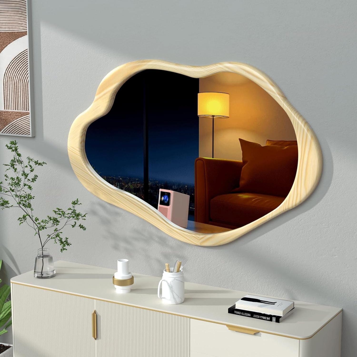 42"X 28" Irregular Wall Mirror, Natural Wood Framed Wall Mirror, Asymmetrical Wall Wavy Mirror for Living Room Bedroom Entryway Bathroom Modern Decorative Cloud Mirror Hanging Hooks