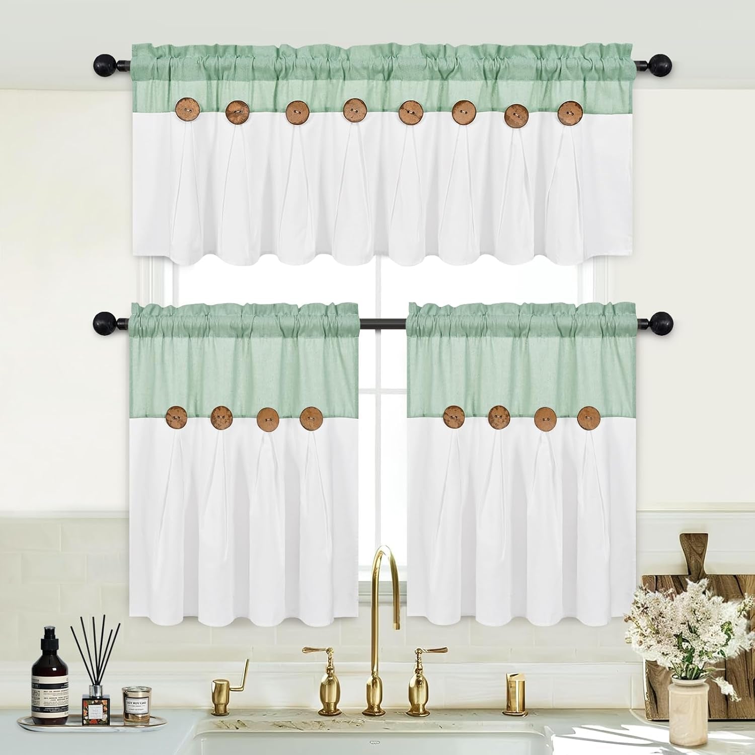 Boho Kitchen Curtains 24 Inch Length, Farmhouse Cotton Linen Tier Curtains, Rustic Button Short Curtains for Windows, Sage Green Country Cafe Curtains, Rod Pocket Small Window Curtains, 26X24