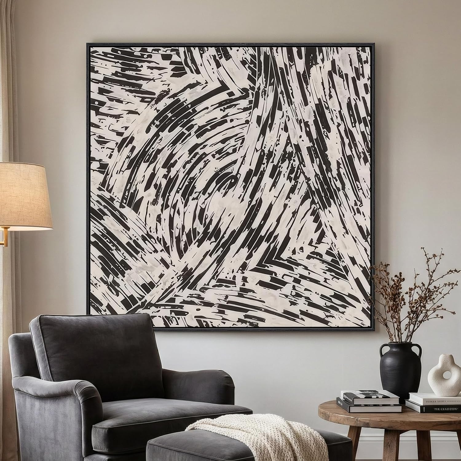 Large Framed Black and White Abstract Wall Art for Living Room, Big Square Modern Canvas Prints Paintings, Minimalist Brushstroke Lines Pictures for Bedroom Dining Hallway Office Wall Decor 40X40 In