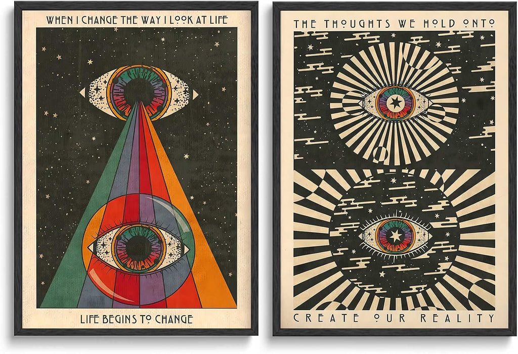 2PCS Retro Hippie Wall Art, 70'S Psychedelic Eyes Art Posters, Inspirational Quote Canvas Painting Pictures Prints Wall Decor for Bedroom Living Room Apartment Teen Dorm Home Decoration,Unframed