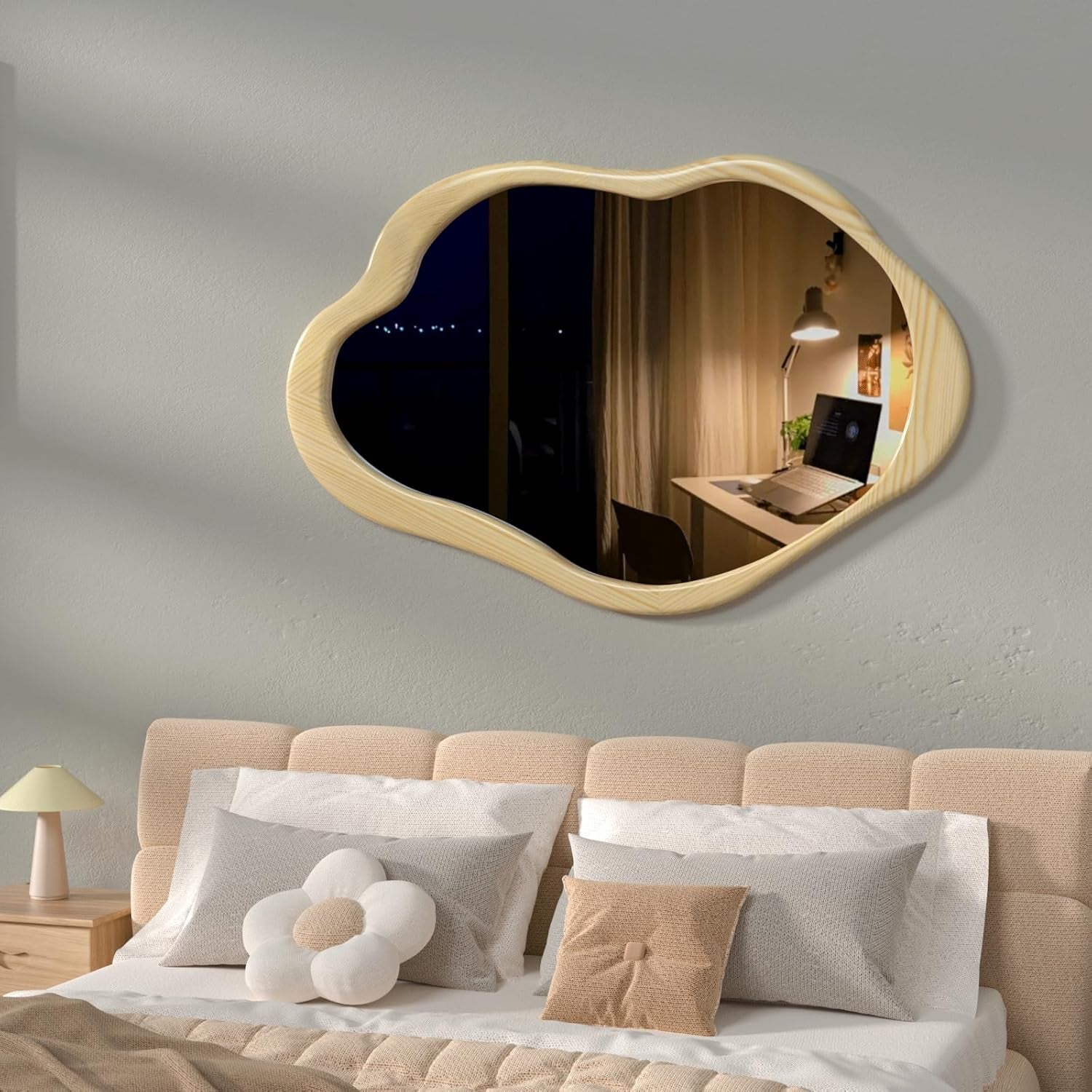 42"X 28" Irregular Wall Mirror, Natural Wood Framed Wall Mirror, Asymmetrical Wall Wavy Mirror for Living Room Bedroom Entryway Bathroom Modern Decorative Cloud Mirror Hanging Hooks