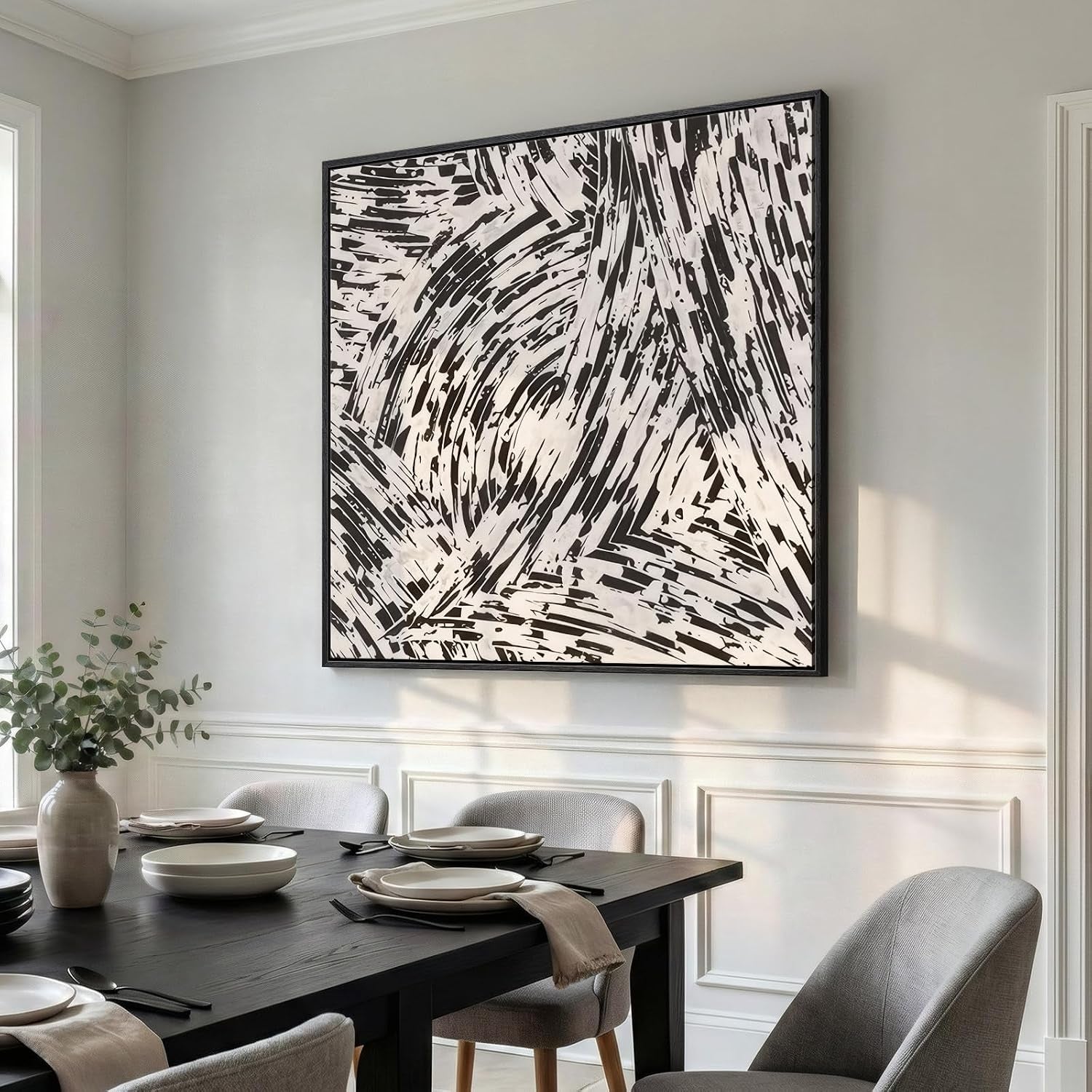 Large Framed Black and White Abstract Wall Art for Living Room, Big Square Modern Canvas Prints Paintings, Minimalist Brushstroke Lines Pictures for Bedroom Dining Hallway Office Wall Decor 40X40 In