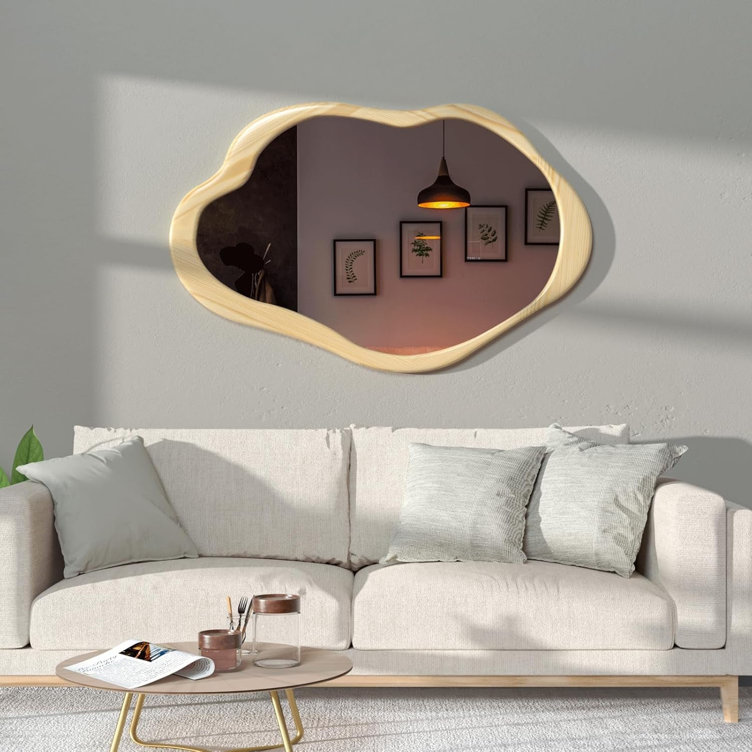42"X 28" Irregular Wall Mirror, Natural Wood Framed Wall Mirror, Asymmetrical Wall Wavy Mirror for Living Room Bedroom Entryway Bathroom Modern Decorative Cloud Mirror Hanging Hooks