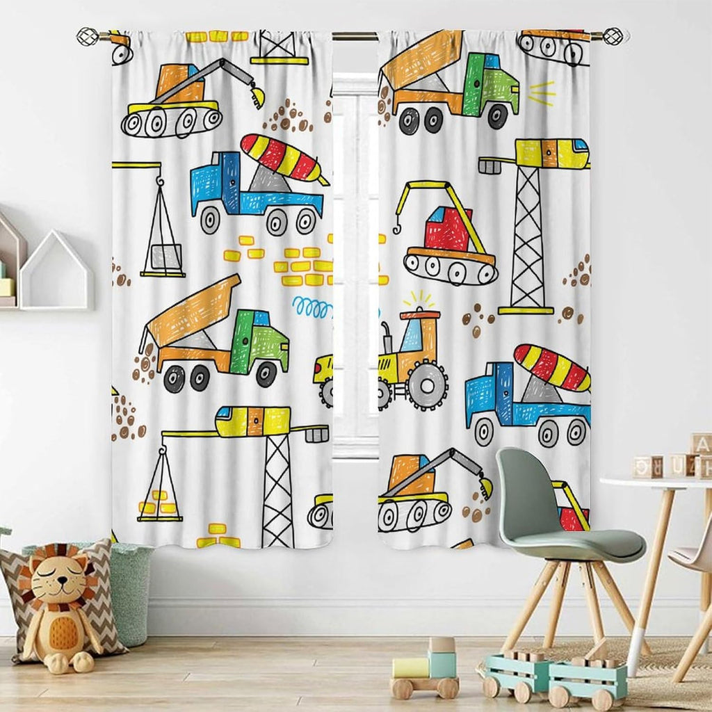 Construction Curtains for Boys Bedroom, Kids Blackout Curtains, Toddler Blackout Curtains Cartoon Curtains, Construction World, Excavating Crane, Sand Truck W42Xl45 Inches