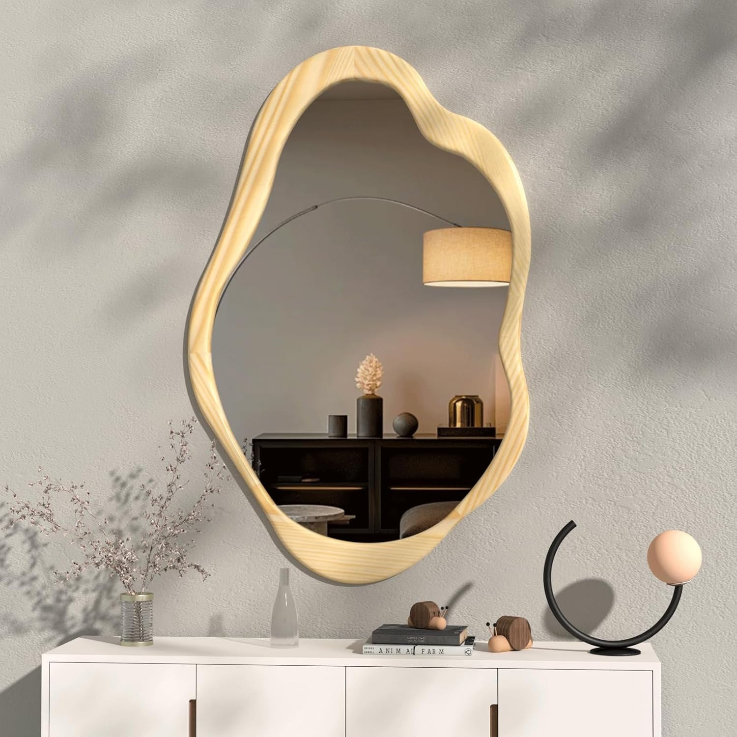 42"X 28" Irregular Wall Mirror, Natural Wood Framed Wall Mirror, Asymmetrical Wall Wavy Mirror for Living Room Bedroom Entryway Bathroom Modern Decorative Cloud Mirror Hanging Hooks