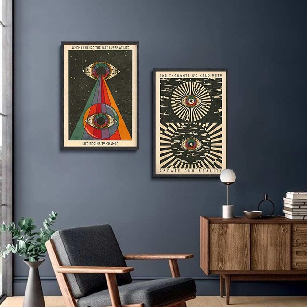 2PCS Retro Hippie Wall Art, 70'S Psychedelic Eyes Art Posters, Inspirational Quote Canvas Painting Pictures Prints Wall Decor for Bedroom Living Room Apartment Teen Dorm Home Decoration,Unframed