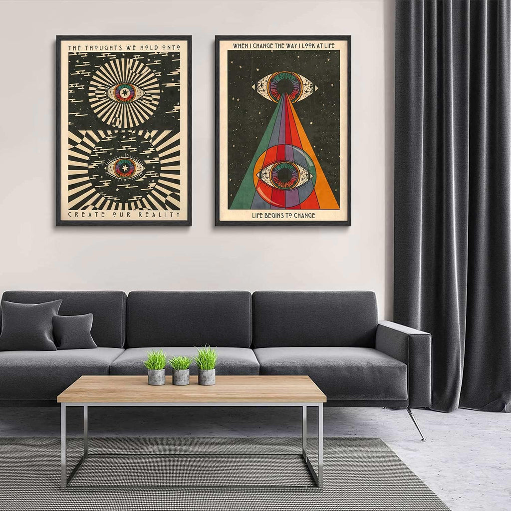 2PCS Retro Hippie Wall Art, 70'S Psychedelic Eyes Art Posters, Inspirational Quote Canvas Painting Pictures Prints Wall Decor for Bedroom Living Room Apartment Teen Dorm Home Decoration,Unframed