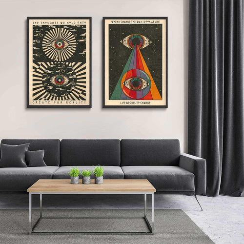 2PCS Retro Hippie Wall Art, 70'S Psychedelic Eyes Art Posters, Inspirational Quote Canvas Painting Pictures Prints Wall Decor for Bedroom Living Room Apartment Teen Dorm Home Decoration,Unframed