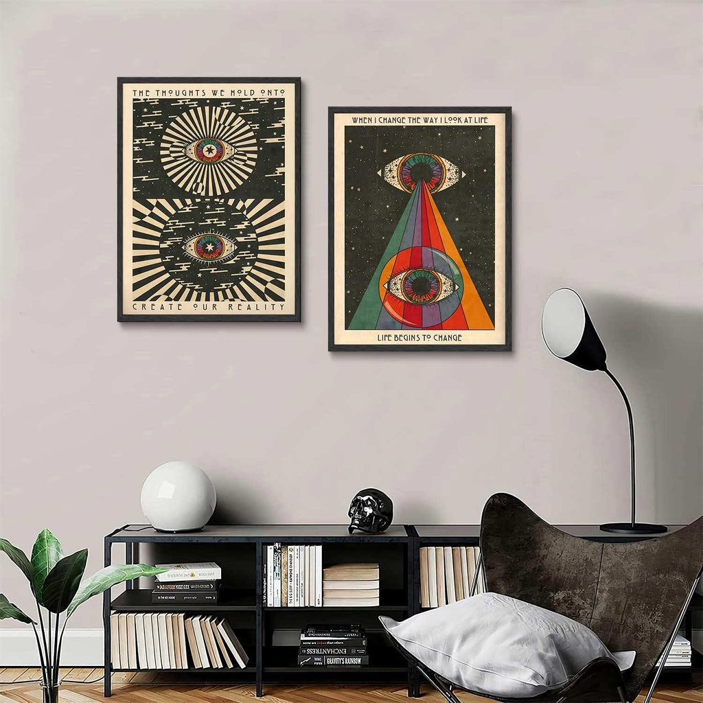 2PCS Retro Hippie Wall Art, 70'S Psychedelic Eyes Art Posters, Inspirational Quote Canvas Painting Pictures Prints Wall Decor for Bedroom Living Room Apartment Teen Dorm Home Decoration,Unframed