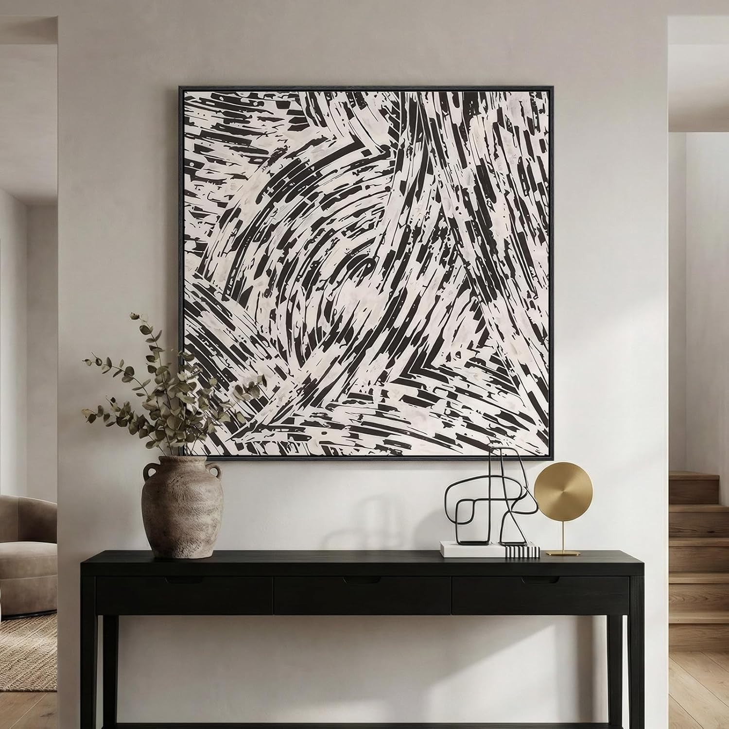 Large Framed Black and White Abstract Wall Art for Living Room, Big Square Modern Canvas Prints Paintings, Minimalist Brushstroke Lines Pictures for Bedroom Dining Hallway Office Wall Decor 40X40 In