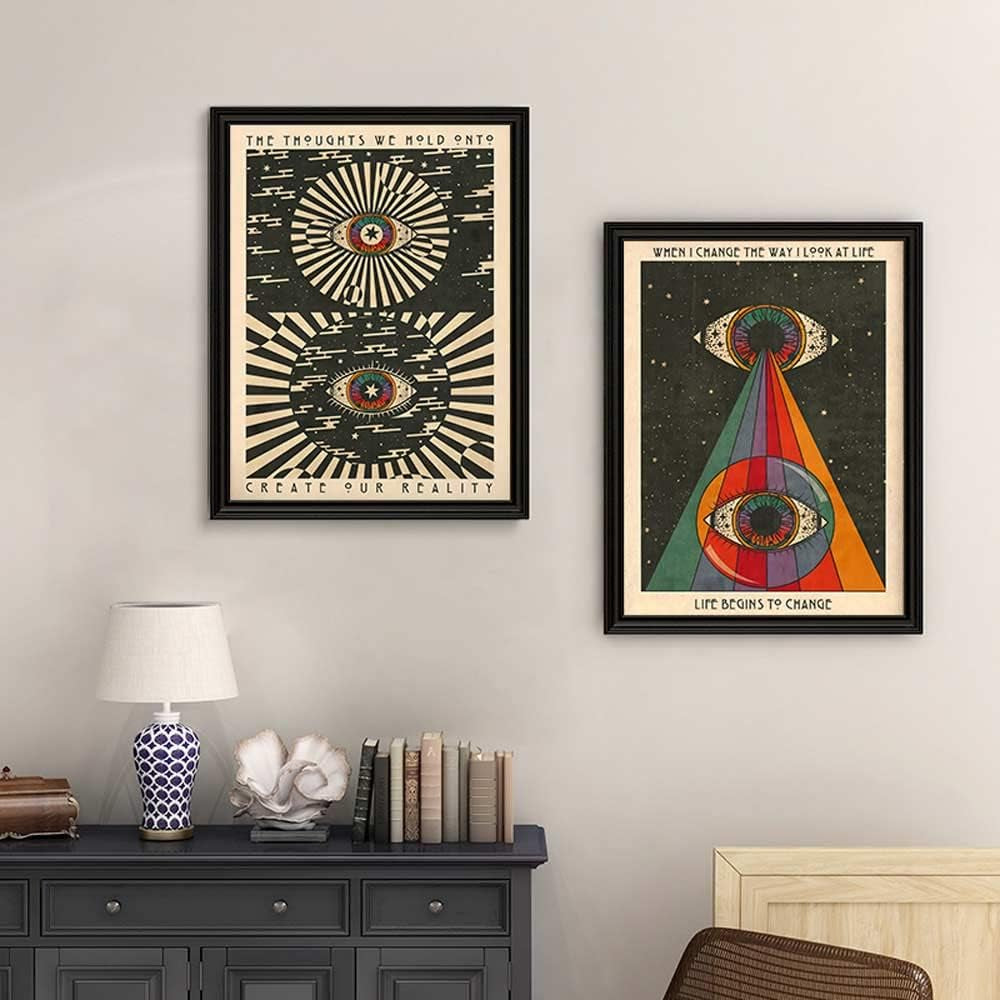 2PCS Retro Hippie Wall Art, 70'S Psychedelic Eyes Art Posters, Inspirational Quote Canvas Painting Pictures Prints Wall Decor for Bedroom Living Room Apartment Teen Dorm Home Decoration,Unframed
