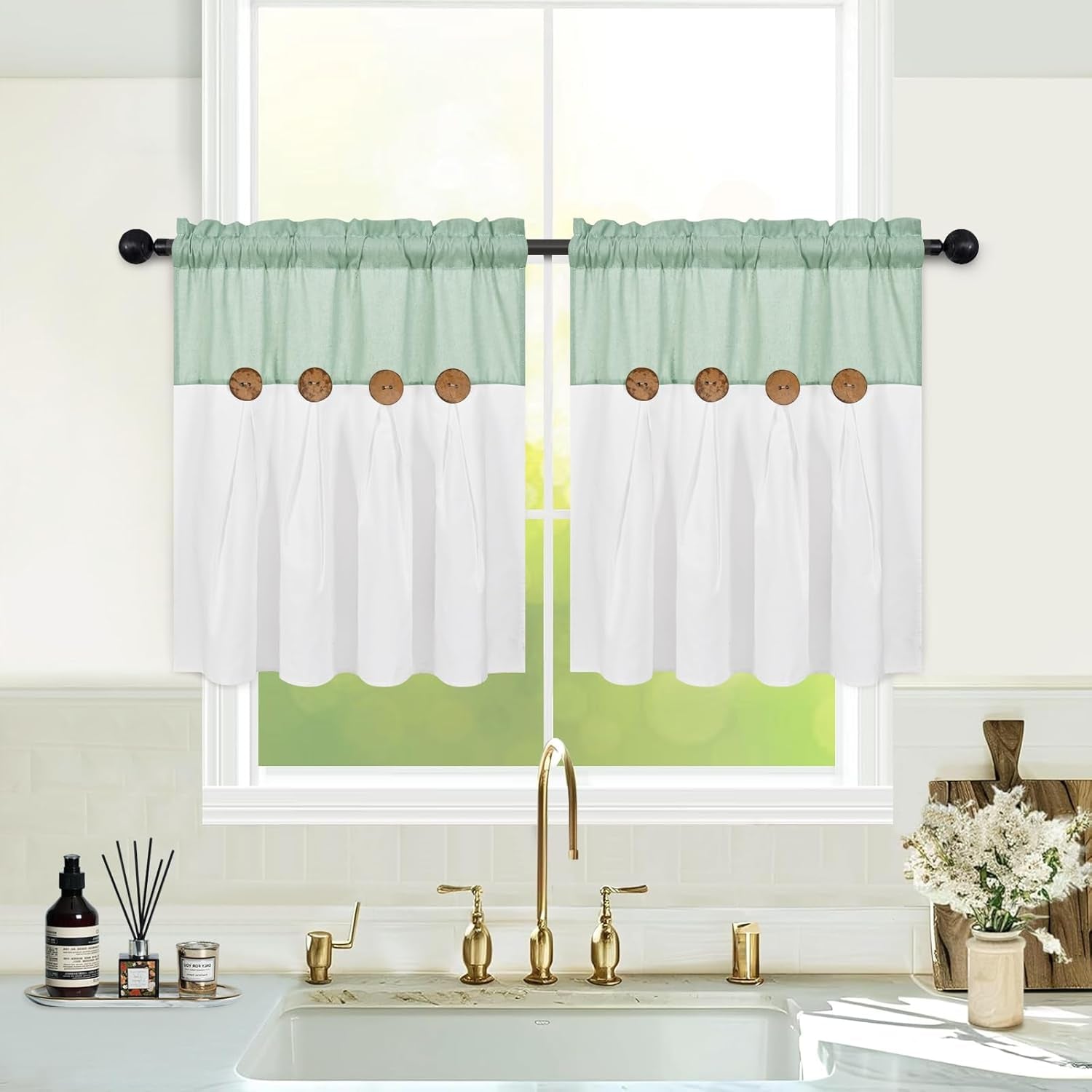Boho Kitchen Curtains 24 Inch Length, Farmhouse Cotton Linen Tier Curtains, Rustic Button Short Curtains for Windows, Sage Green Country Cafe Curtains, Rod Pocket Small Window Curtains, 26X24