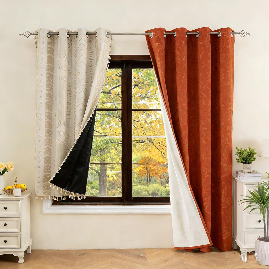 Blakout Beige Curtains with Orange Floral Curtains