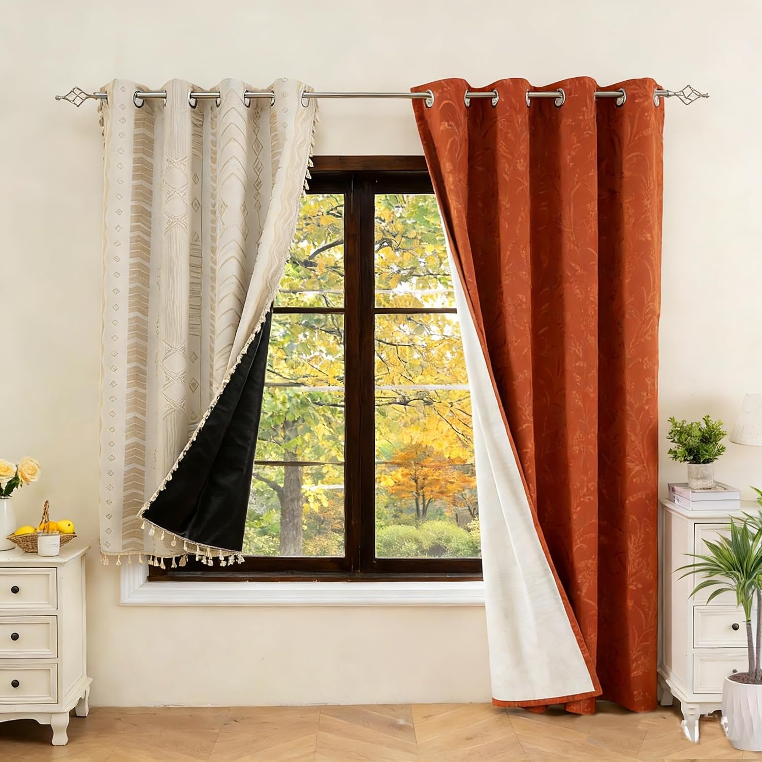 Blakout Beige Curtains with Orange Floral Curtains